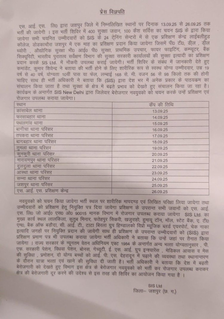 जिले के सभी थाना पसिरों में भर्ती शिविर का आयोजन 12 से 26 सितम्बर तक